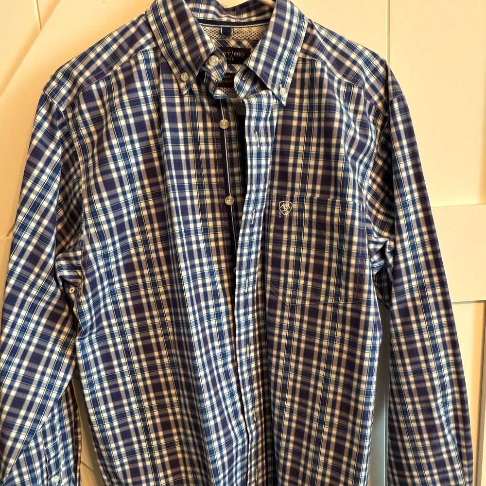 Ariat Pro Series Shirt Blue White Plaid Button Up Long Sleeve Mens Small